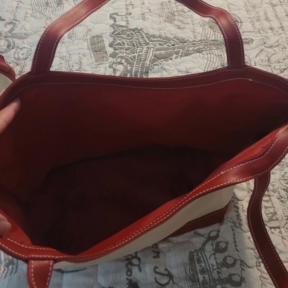 Cream Canvas Tote with Red Trim and Matching Pouch - Picture 3 of 3